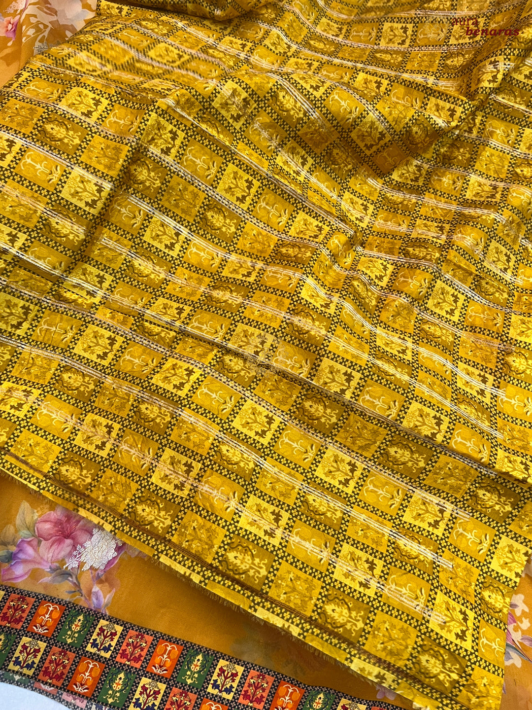 Mustured Yellow Pure Banarasi Kora Silk Saree with Digital Print 