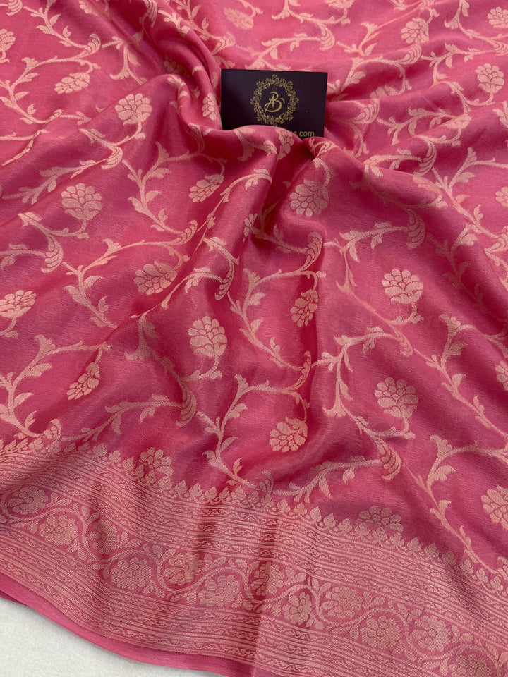 Onion Pink Pure Banarasi Khaddi Chiffon Saree
