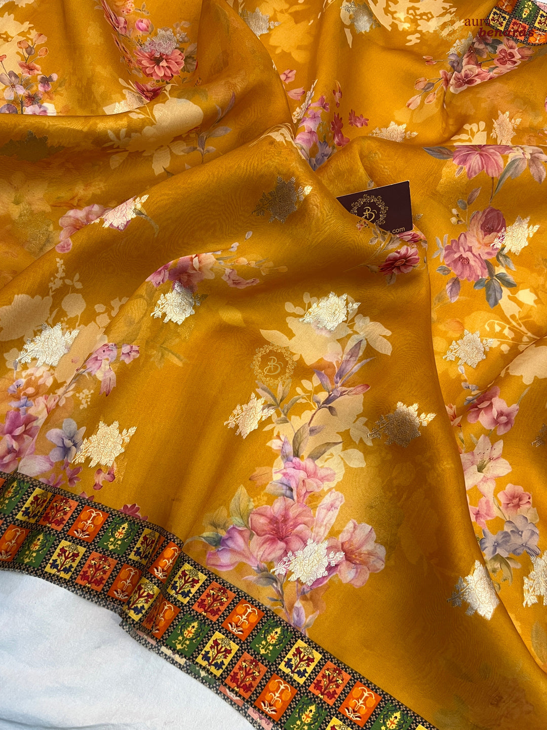 Mustured Yellow Purple Pure Banarasi Kora Silk Saree with Digital Print 