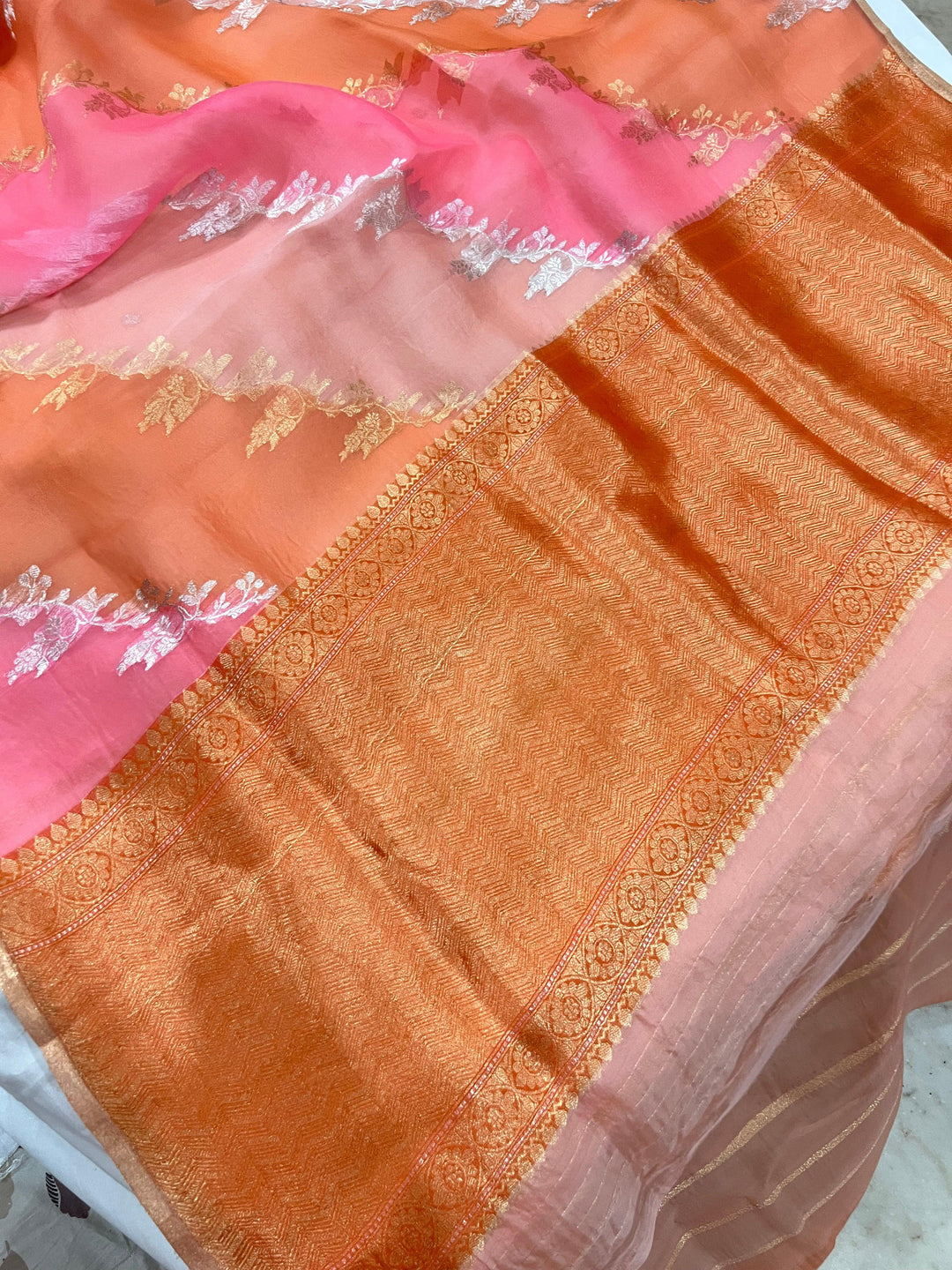 Peachish Pink Banarasi Handloom Kora Silk Saree - Aura Benaras