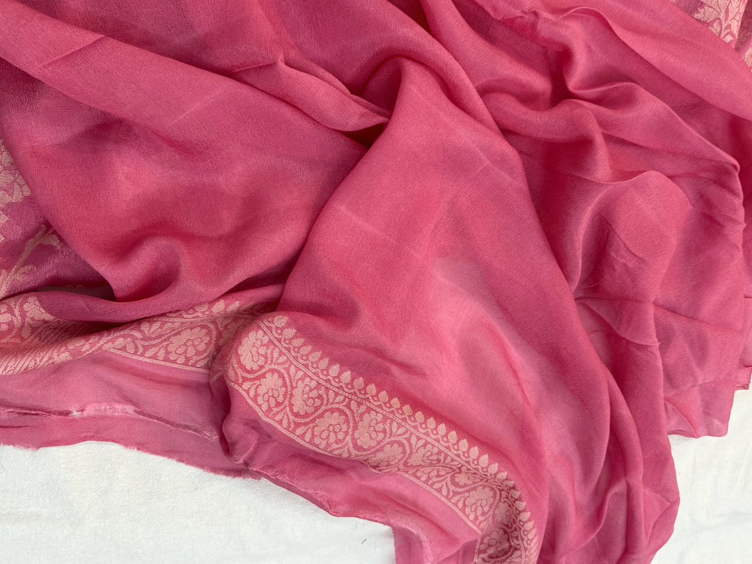 Onion Pink Pure Banarasi Khaddi Chiffon Saree