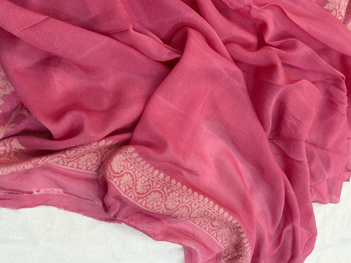 Onion Pink Pure Banarasi Khaddi Chiffon Saree