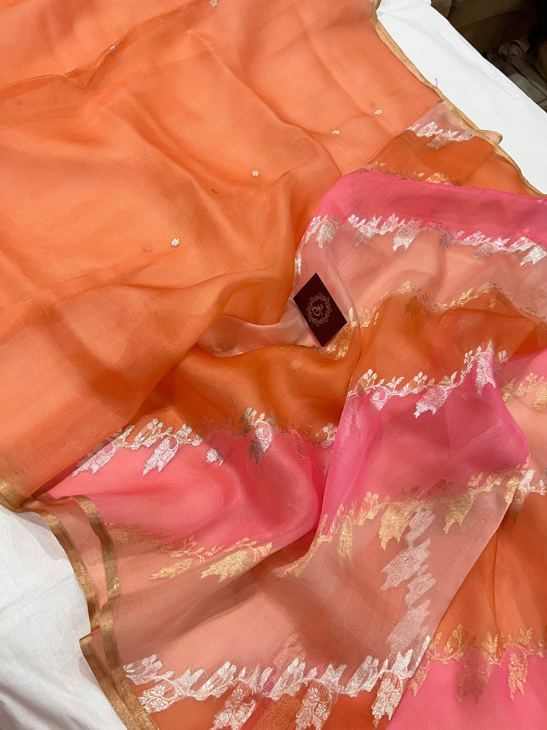 Peachish Pink Banarasi Handloom Kora Silk Saree - Aura Benaras