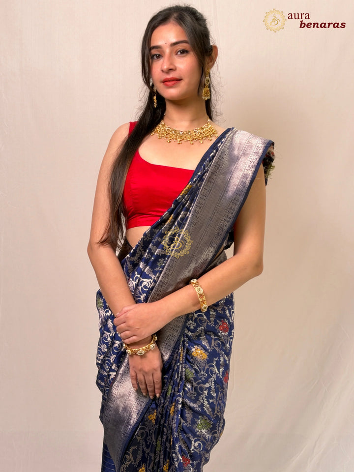 Deep Blue Banarasi Handloom Katan Silk Saree - Aura Benaras