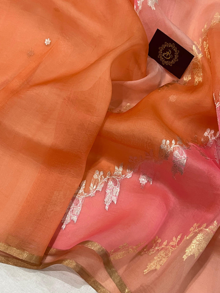 Peachish Pink Banarasi Handloom Kora Silk Saree - Aura Benaras