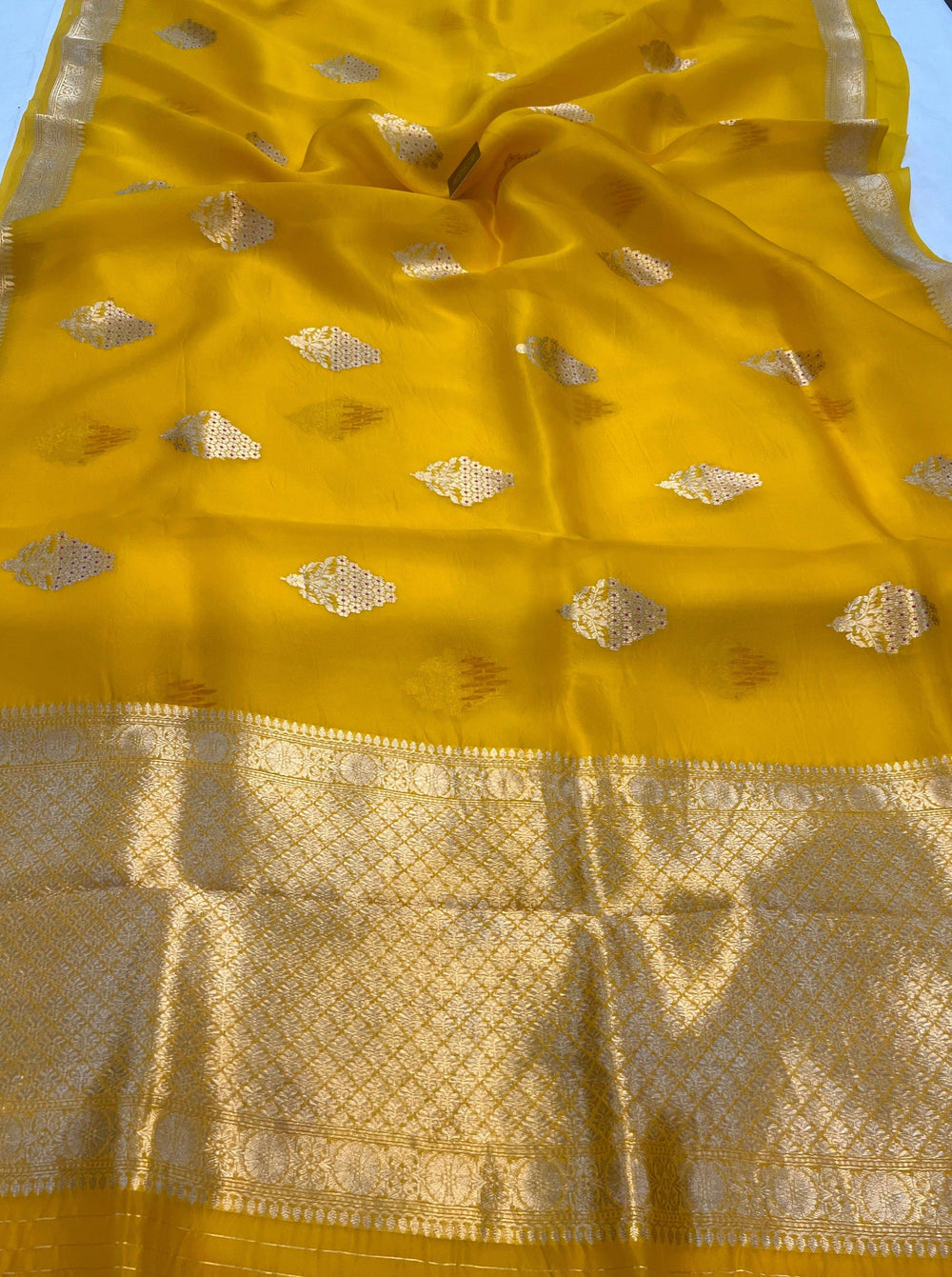 Yellow Pure Banarasi Handloom Silk Saree - Aura Benaras