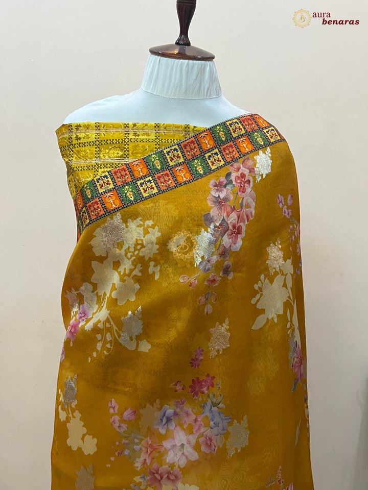 Mustured Yellow Pure Banarasi Kora Silk Saree with Digital Print 