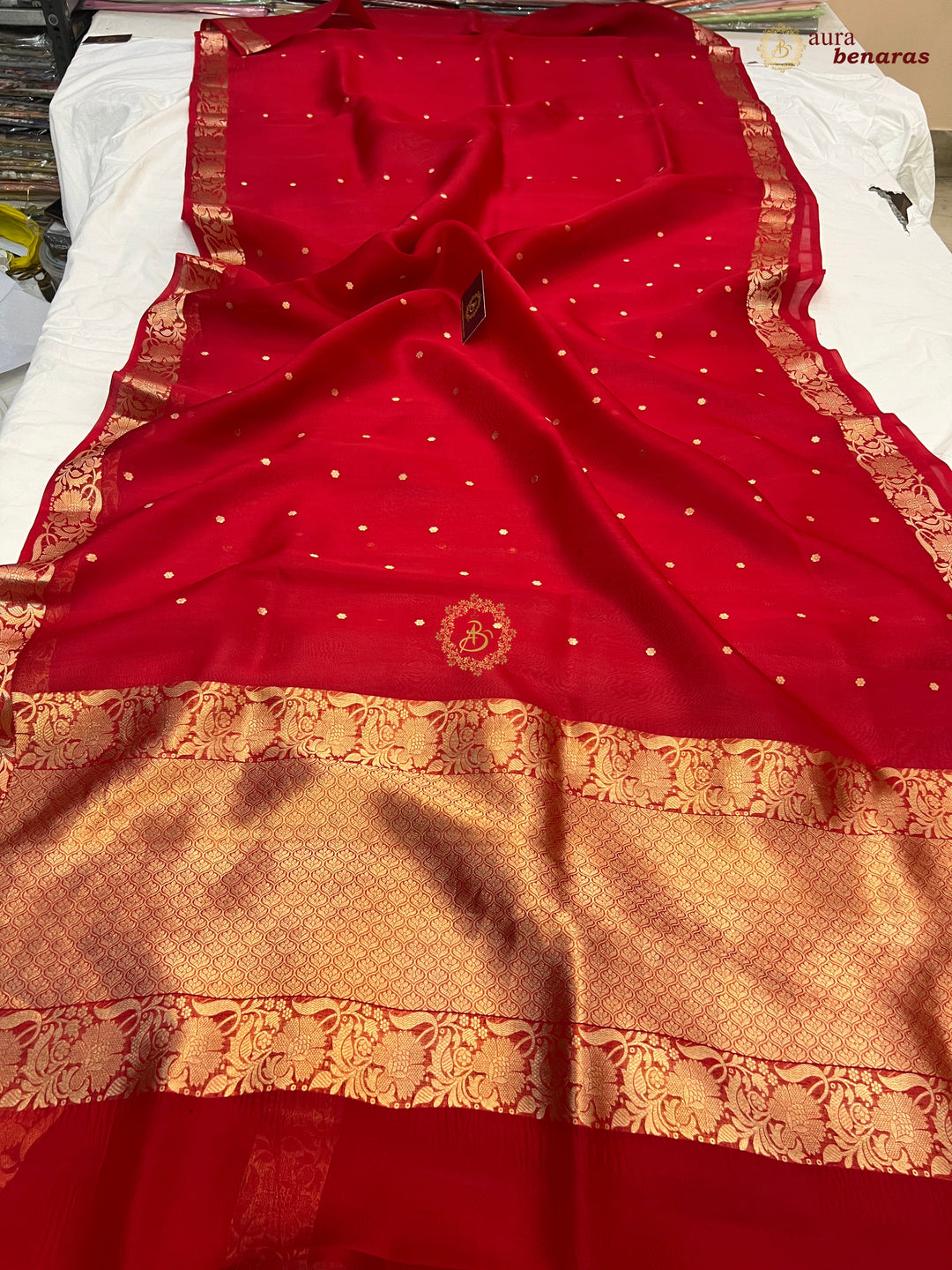 Red Handloom Banarasi Saree with Kadhwa Golden Zari Motifs