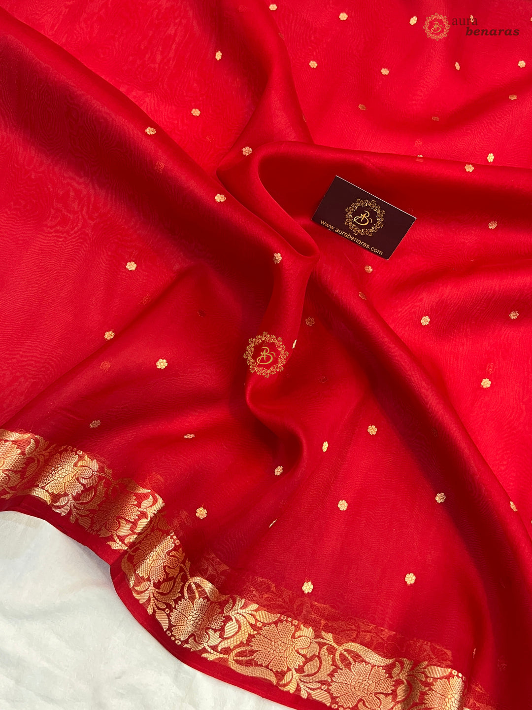Red Handloom Banarasi Saree with Kadhwa Golden Zari Motifs