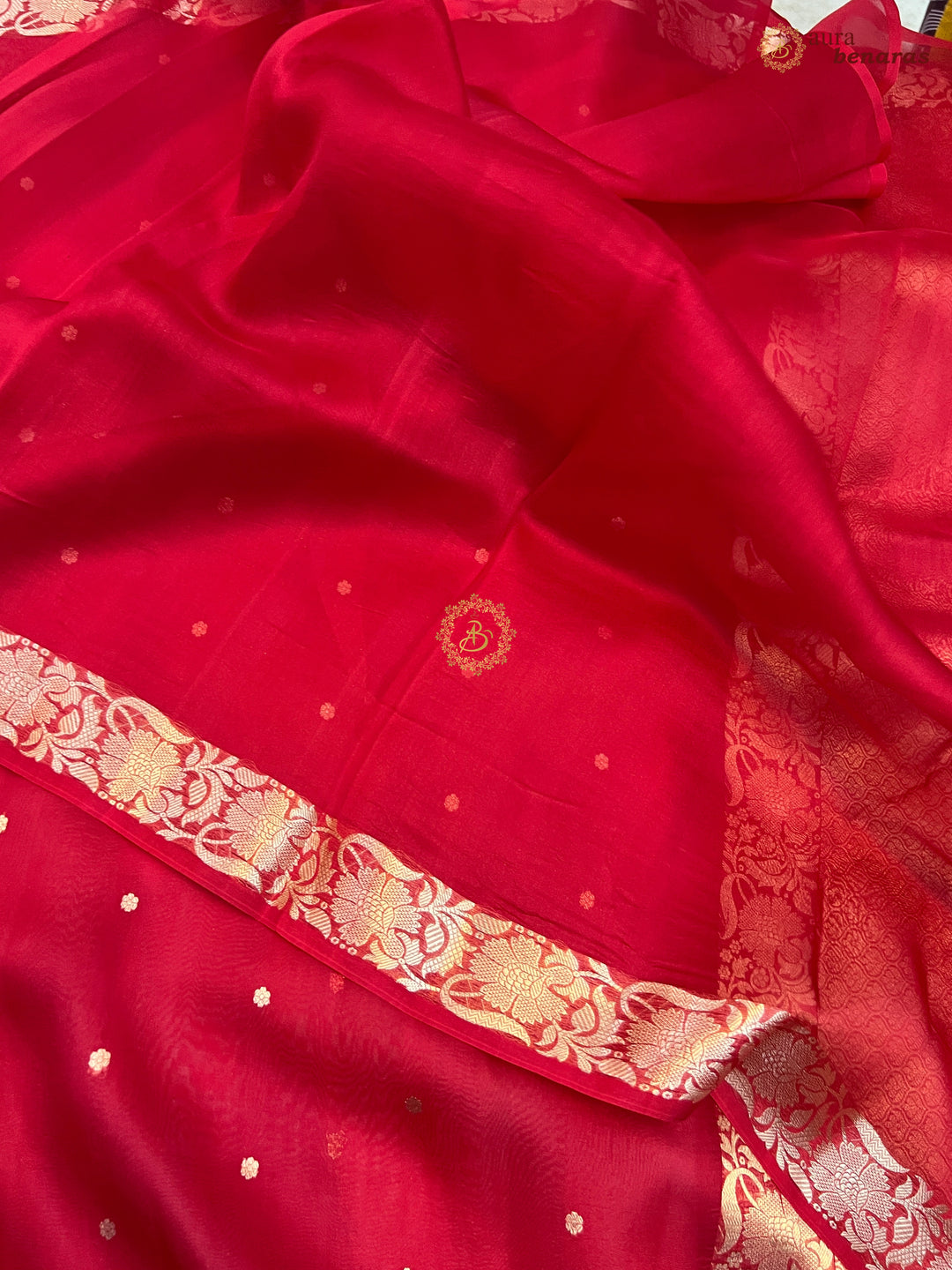 Red Handloom Banarasi Saree with Kadhwa Golden Zari Motifs