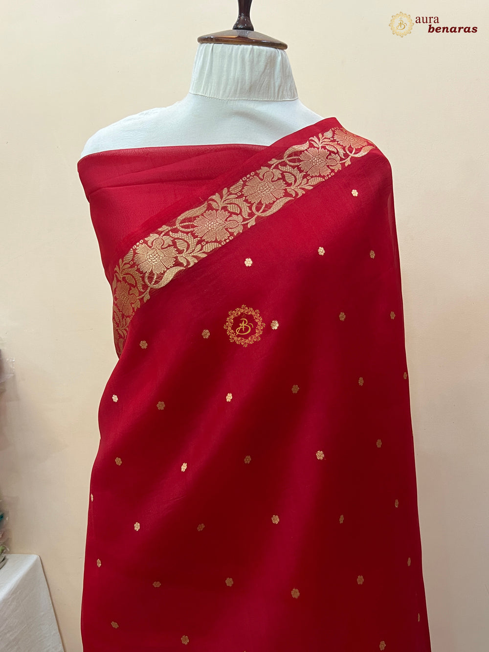 Red Handloom Banarasi Saree with Kadhwa Golden Zari Motifs