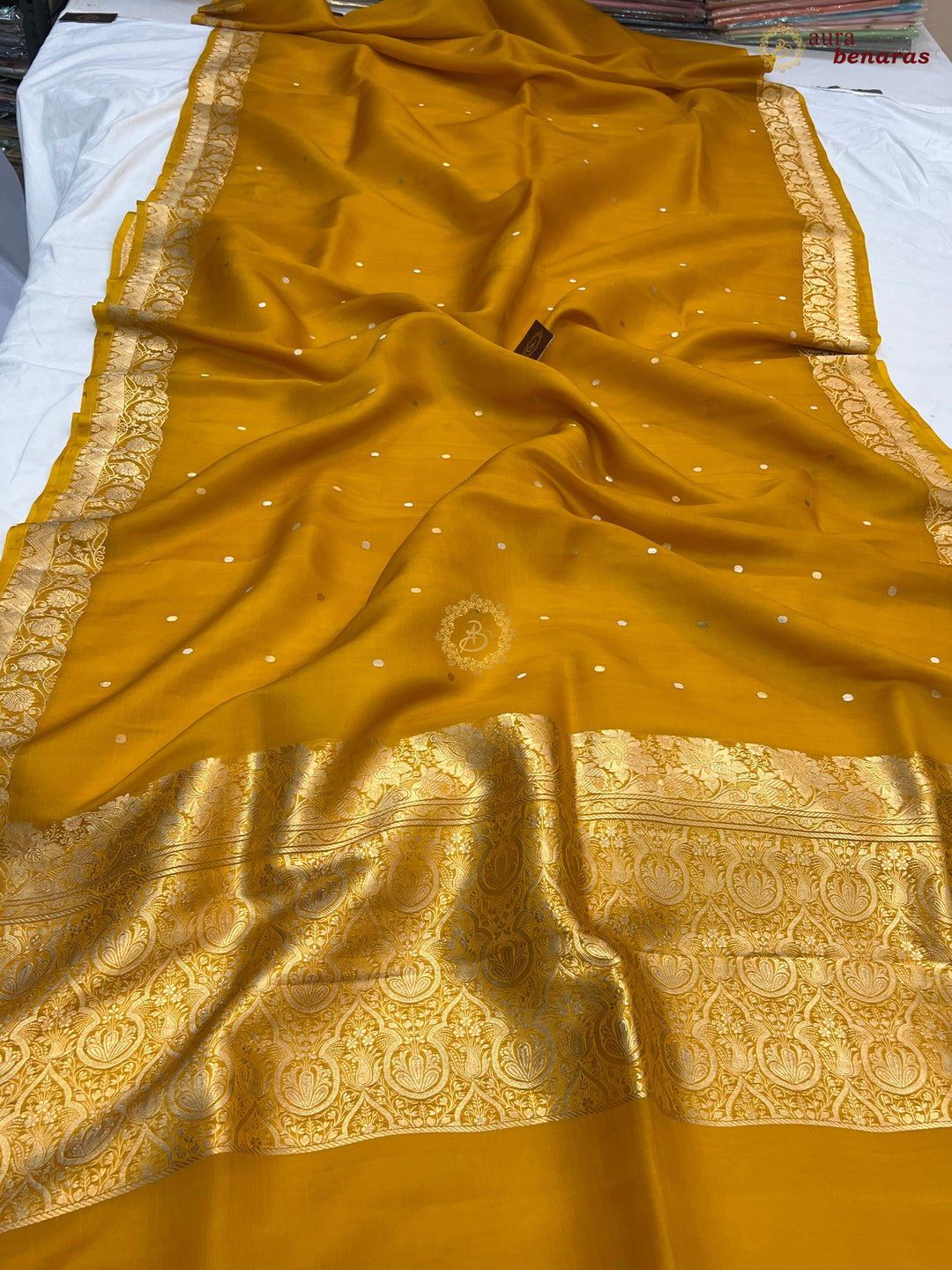 Mustured Yellow Kora Silk Banarasi Saree with Zari Butis & Border