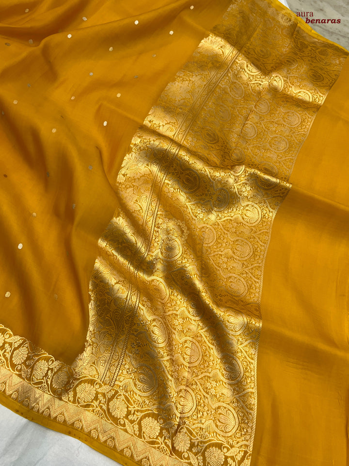 Mustured Yellow Kora Silk Banarasi Saree with Zari Butis & Border