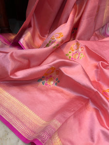 Strawberry Pink Banarasi Handloom Silk Saree - Aura Benaras