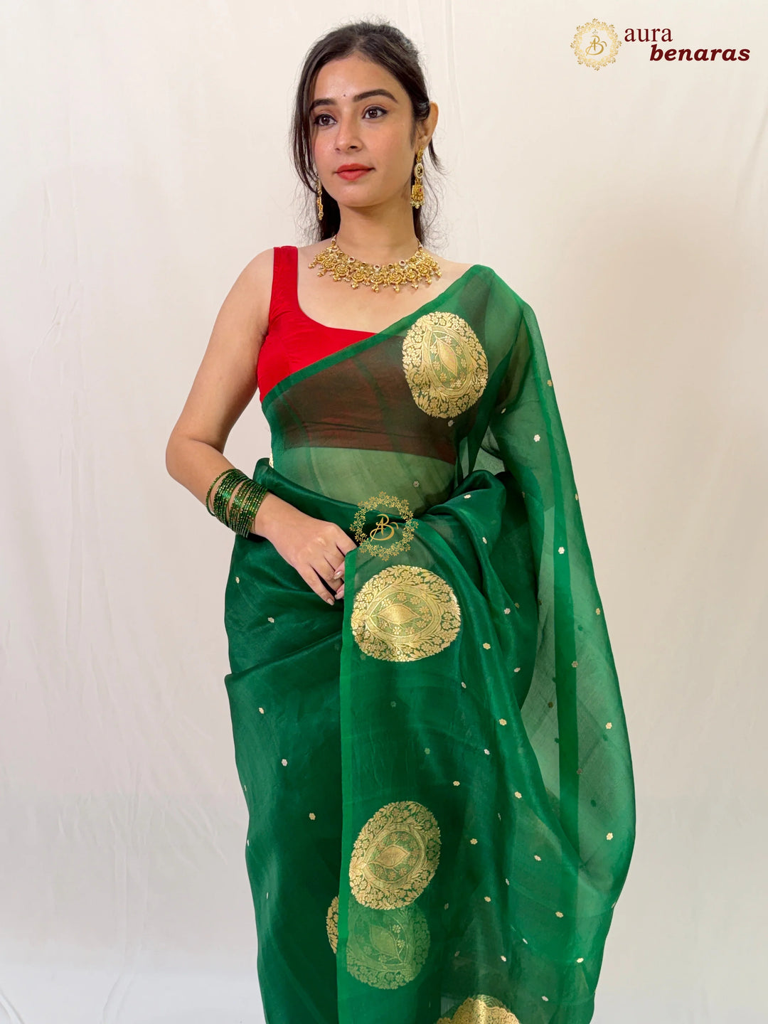 Green Banarasi Handloom Kora Silk Saree - Aura Benaras