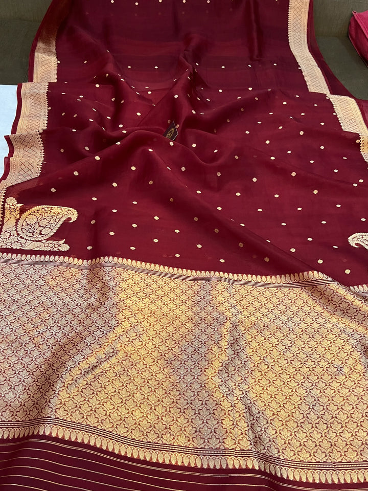 Maroon Pure Kora Silk Handloom Banarasi Saree