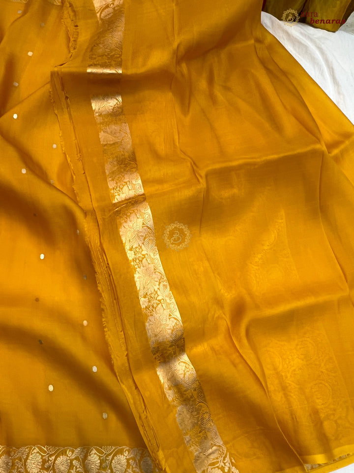 Mustured Yellow Kora Silk Banarasi Saree with Zari Butis & Border