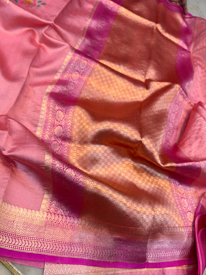 Strawberry Pink Banarasi Handloom Silk Saree - Aura Benaras