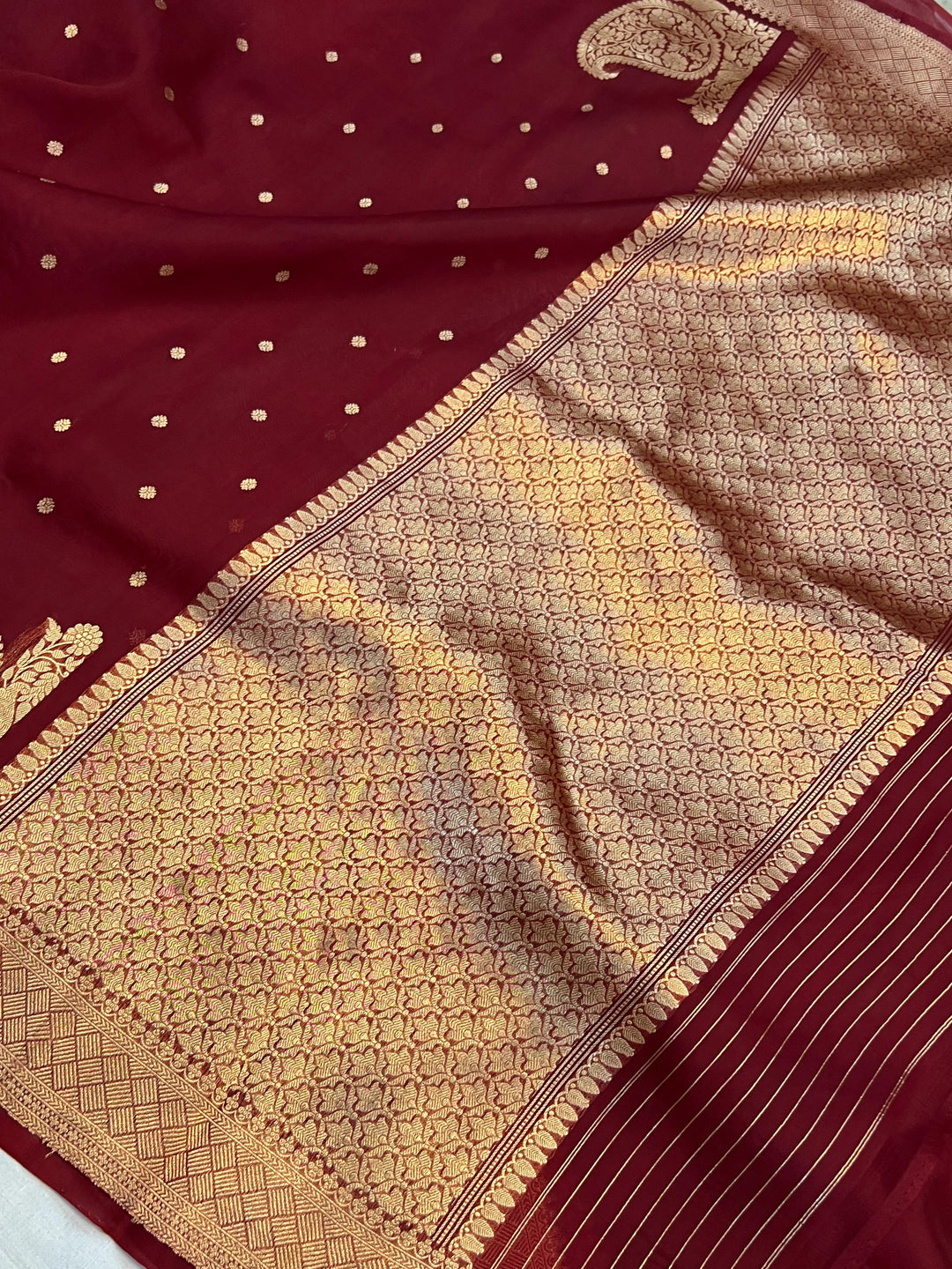 Maroon Pure Kora Silk Handloom Banarasi Saree