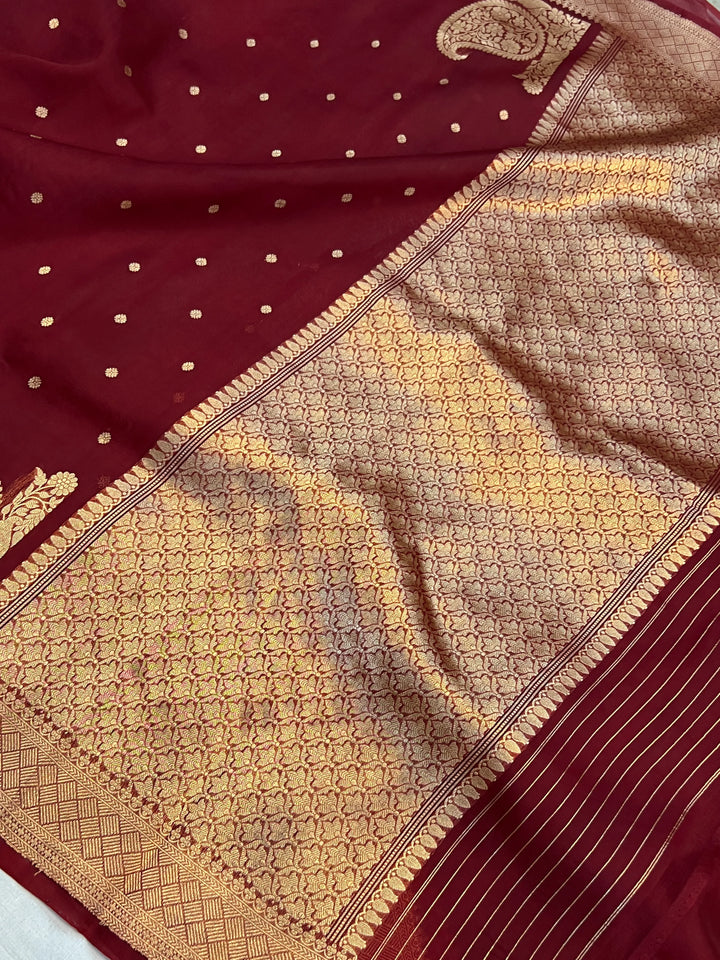 Maroon Pure Kora Silk Handloom Banarasi Saree