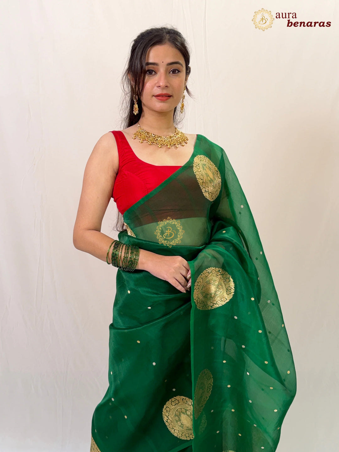 Green Banarasi Handloom Kora Silk Saree - Aura Benaras