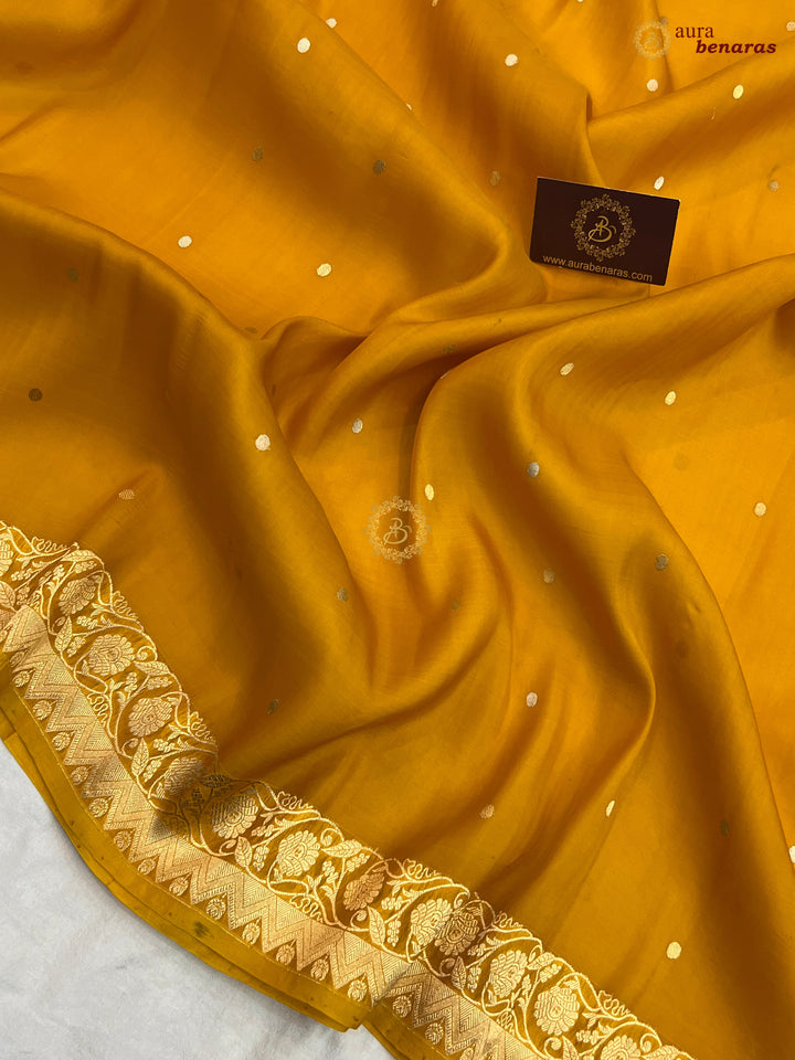 Mustured Yellow Kora Silk Banarasi Saree with Zari Butis & Border
