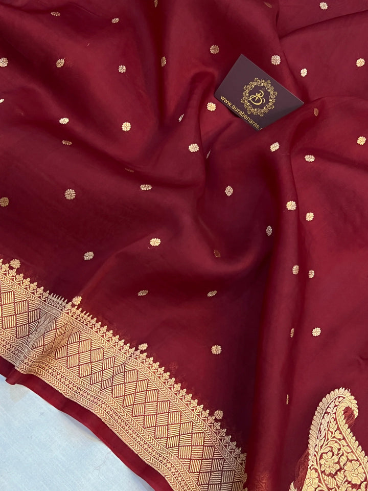 Maroon Pure Kora Silk Handloom Banarasi Saree