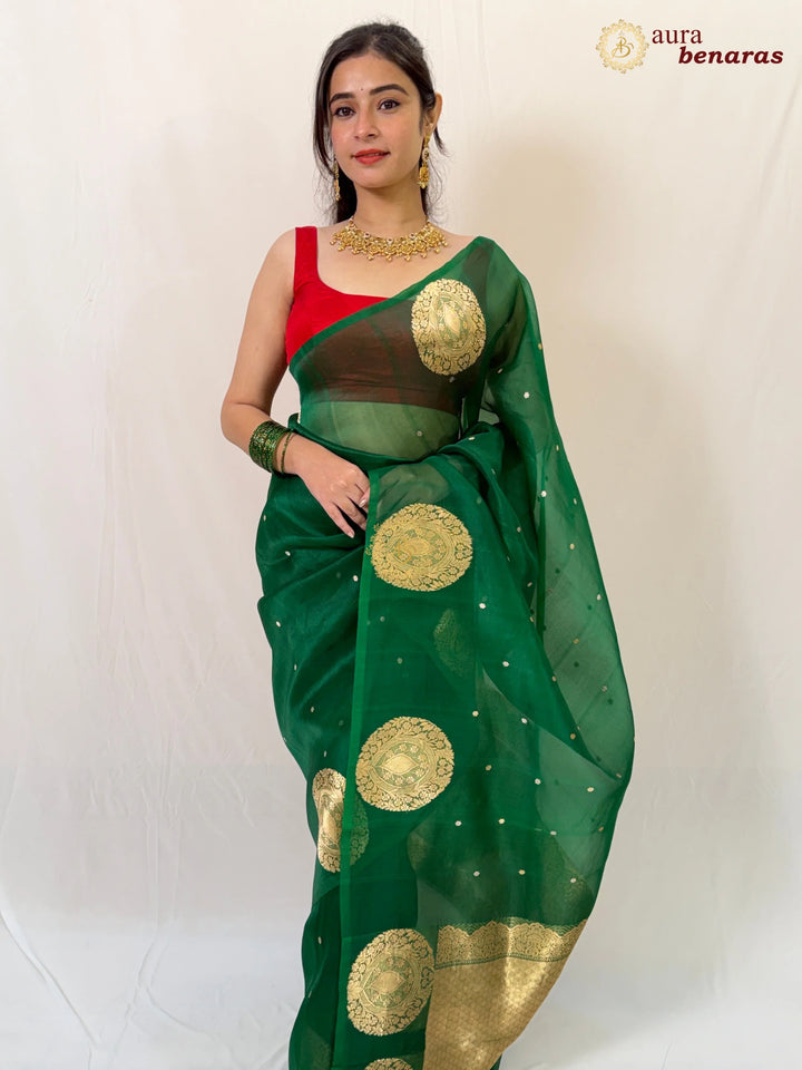 Green Banarasi Handloom Kora Silk Saree - Aura Benaras