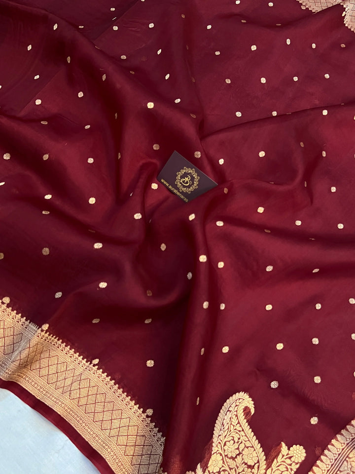 Maroon Pure Kora Silk Handloom Banarasi Saree