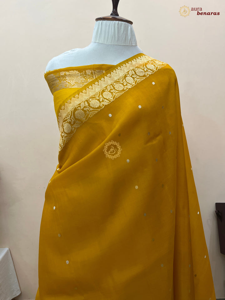 Mustured Yellow Kora Silk Banarasi Saree with Zari Butis & Border
