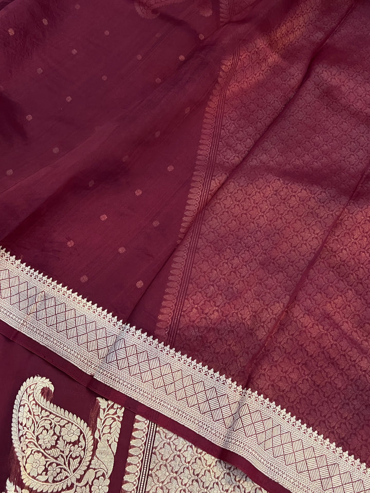 Maroon Pure Kora Silk Handloom Banarasi Saree