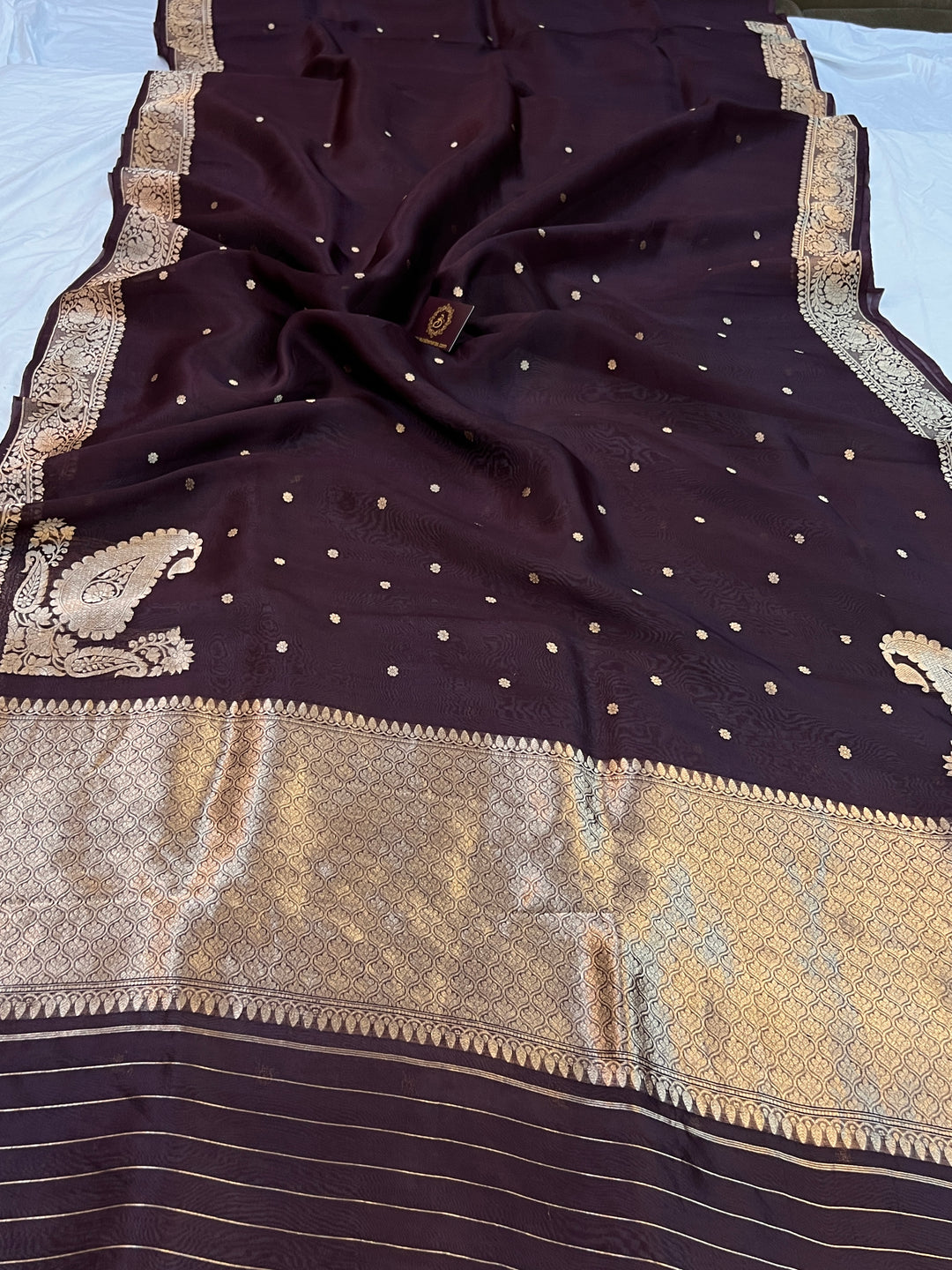 Brown Pure Kora Silk Banarasi Saree with Zari Butis & Konia