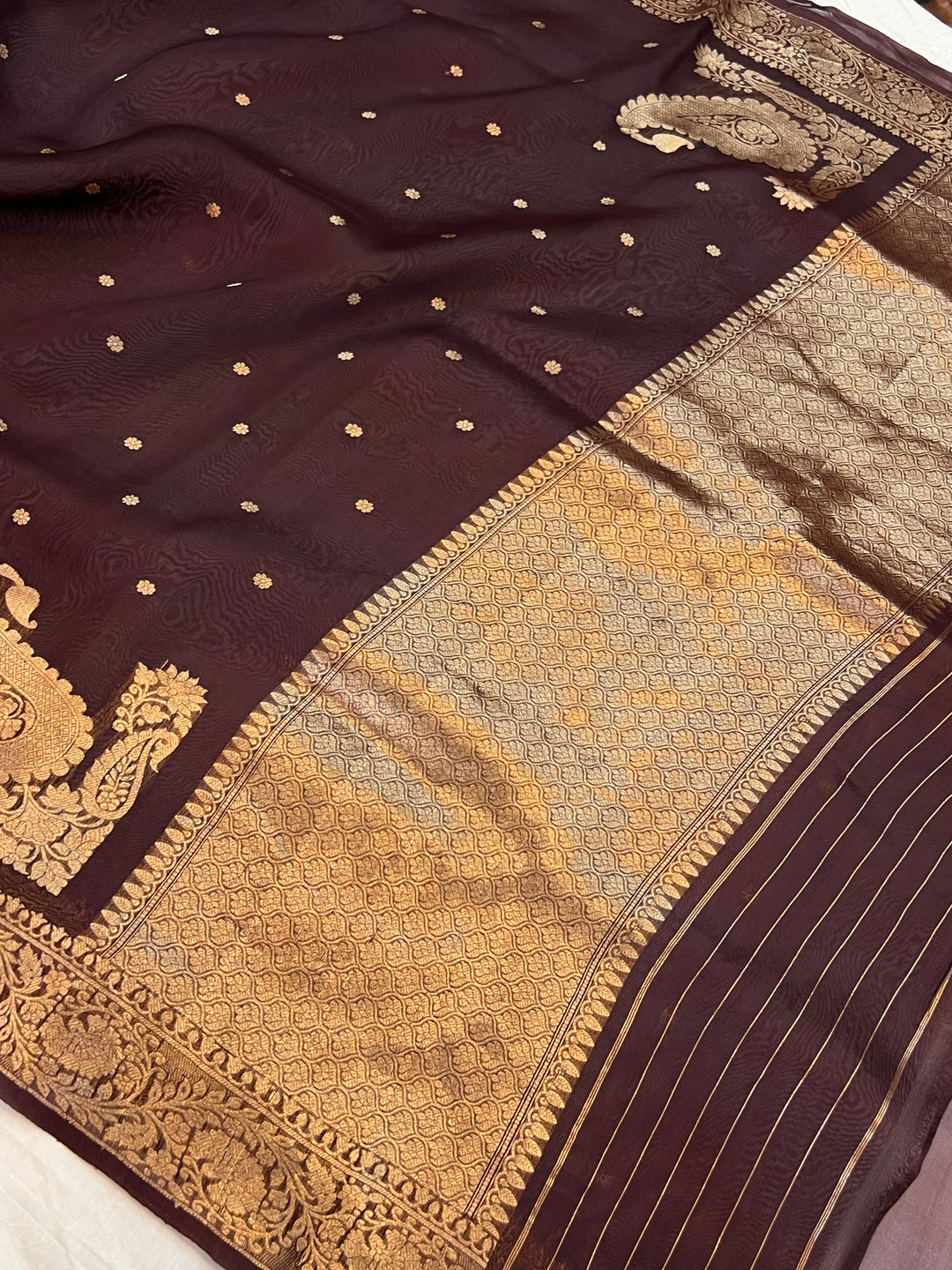 Brown Pure Kora Silk Banarasi Saree with Zari Butis & Konia