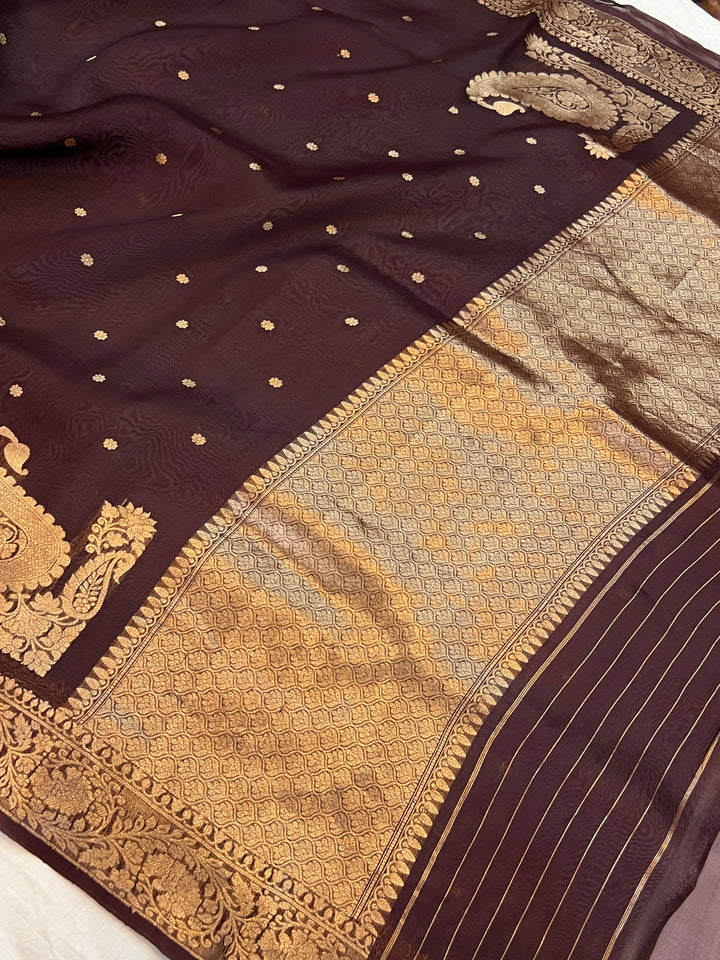 Brown Pure Kora Silk Banarasi Saree with Zari Butis & Konia