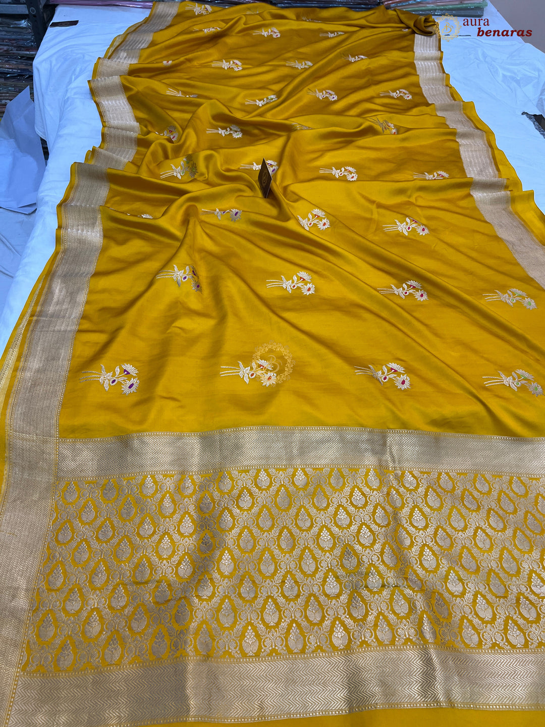  Yellow Pure Mashru Silk Banarasi Saree with Kadhwa Meenakari Butas