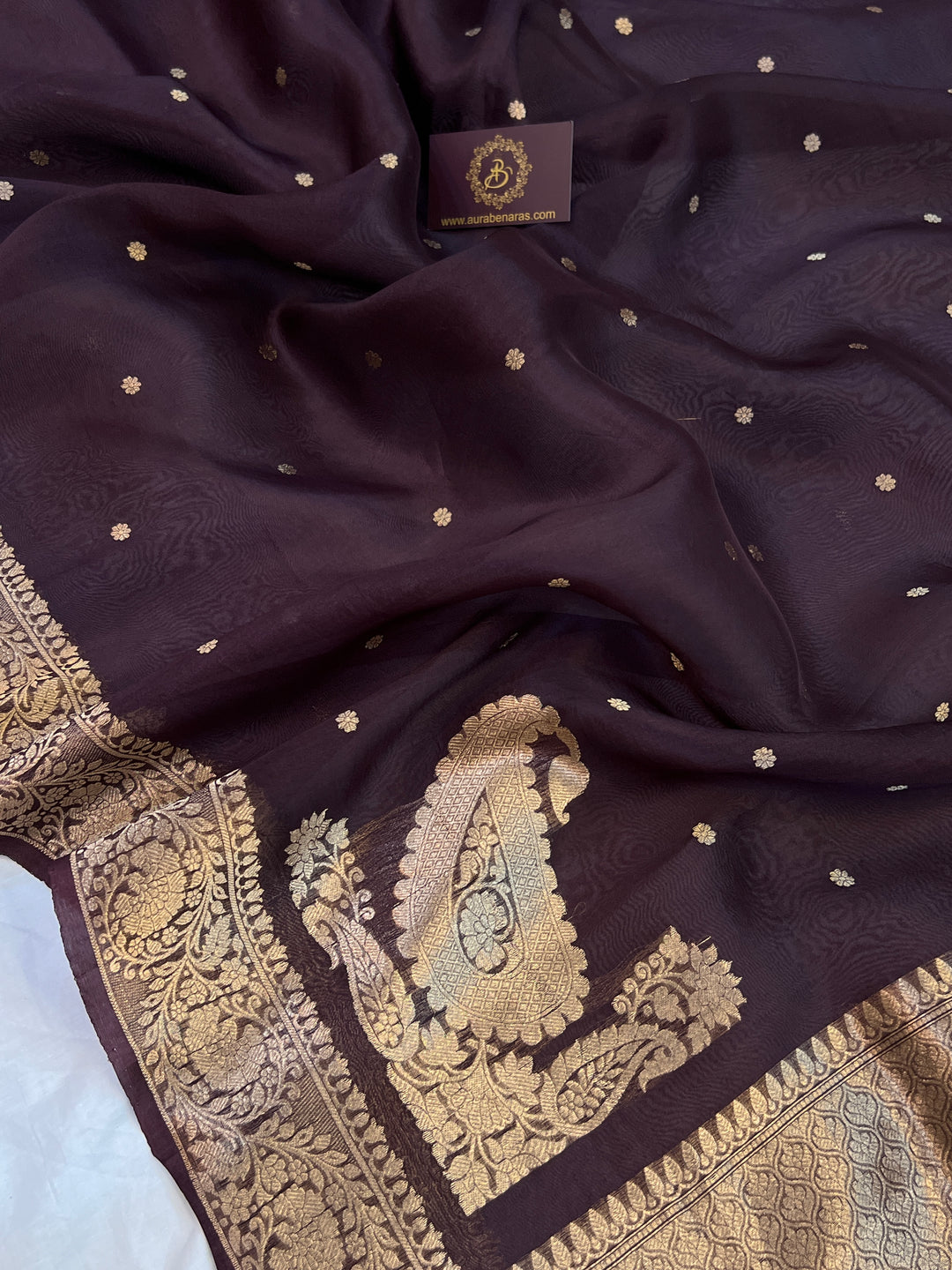 Brown Pure Kora Silk Banarasi Saree with Zari Butis & Konia