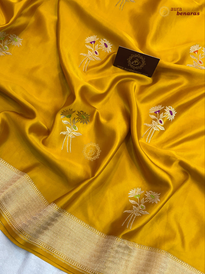  Yellow Pure Mashru Silk Banarasi Saree with Kadhwa Meenakari Butas