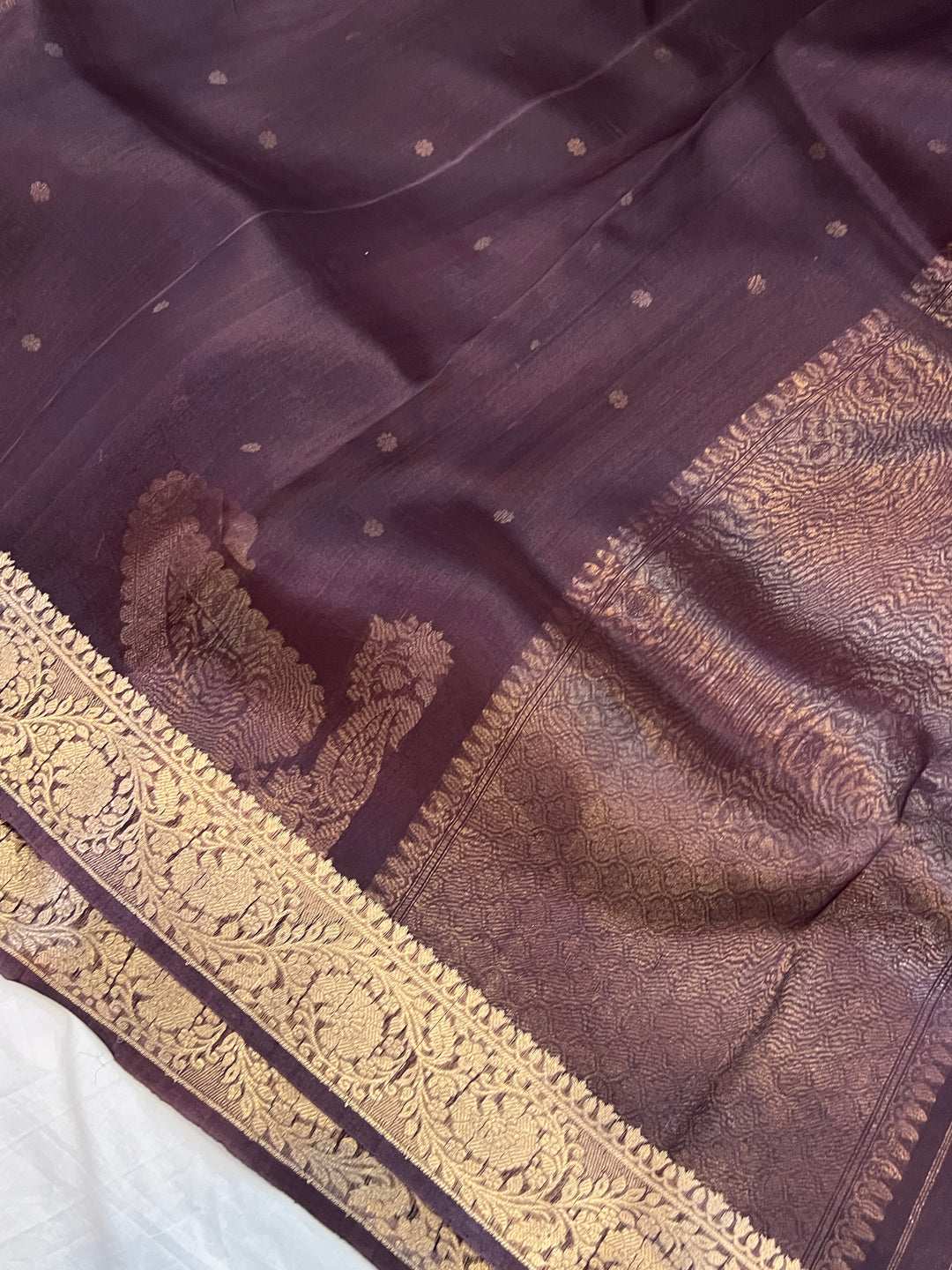 Brown Pure Kora Silk Banarasi Saree with Zari Butis & Konia
