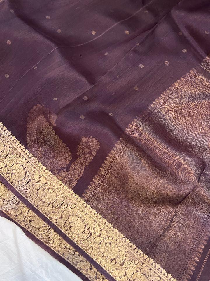 Brown Pure Kora Silk Banarasi Saree with Zari Butis & Konia