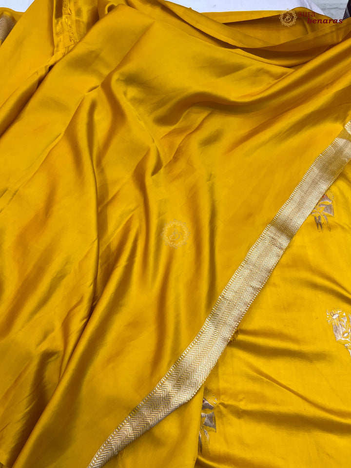  Yellow Pure Mashru Silk Banarasi Saree with Kadhwa Meenakari Butas