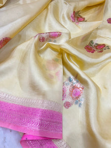 Pastel Yellow Banarasi Handloom Kora Silk Saree - Aura Benaras