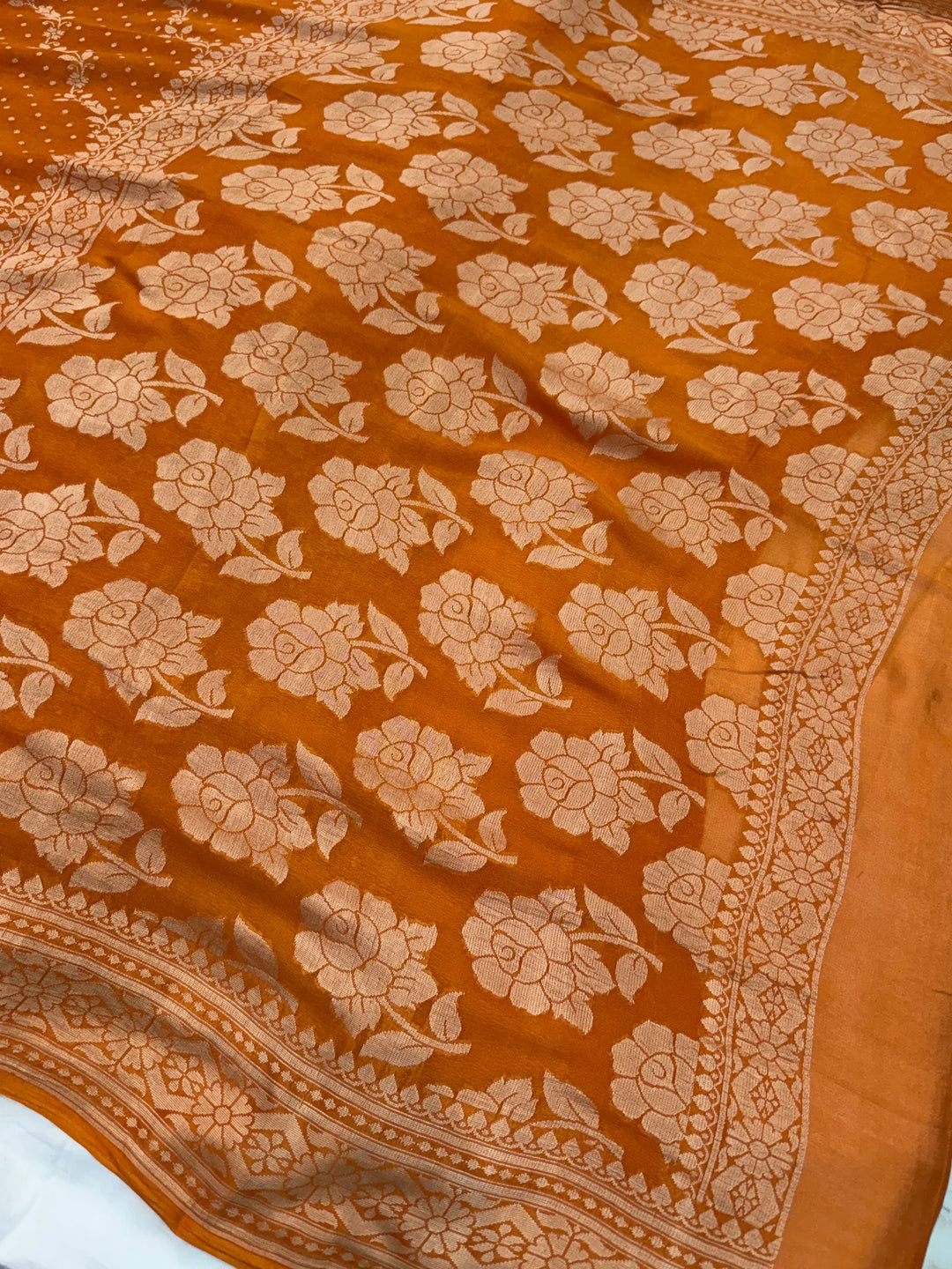 Rust Orange Banarasi Khaddi Chiffon Saree