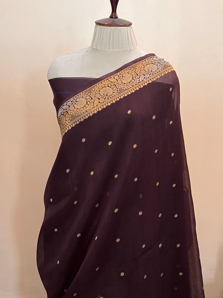 Brown Pure Kora Silk Banarasi Saree with Zari Butis & Konia
