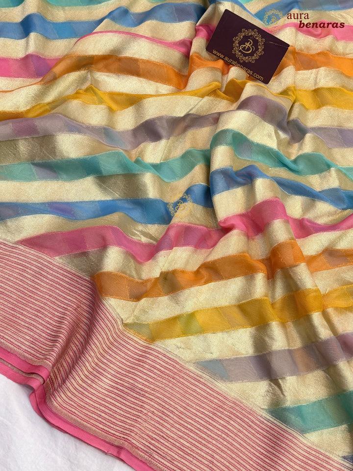 Multi Colour Pure Khaddi Georgette Banarasi Saree with Rangkaat Work