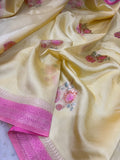 Pastel Yellow Banarasi Handloom Kora Silk Saree - Aura Benaras