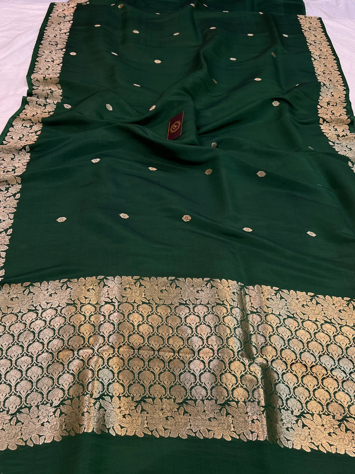 Bottle Green Banarasi Handloom Kora Katan Silk Saree