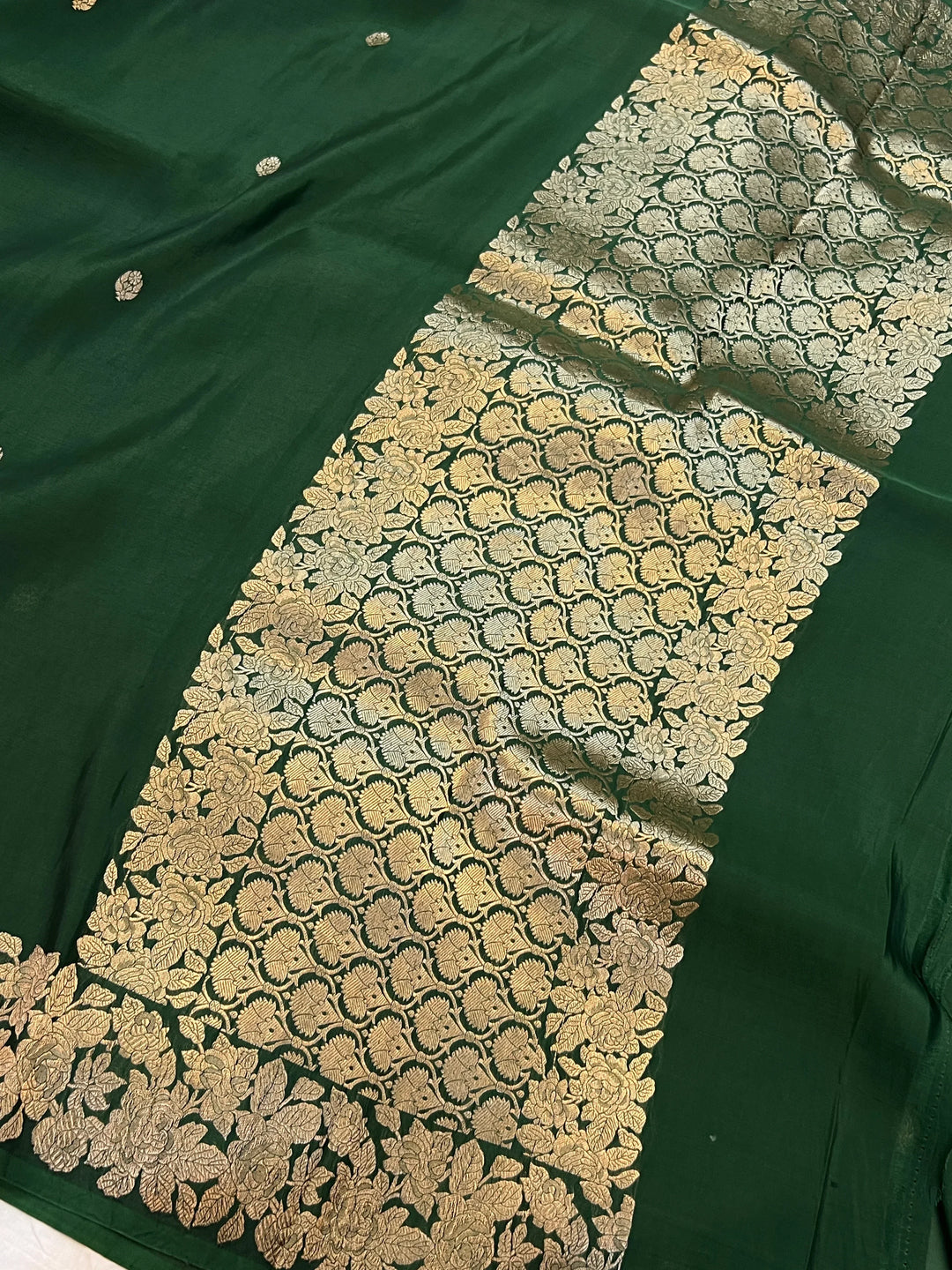 Bottle Green Banarasi Handloom Kora Katan Silk Saree
