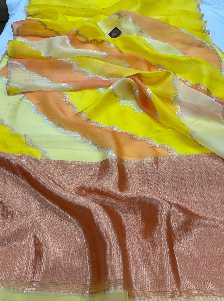 Yellow Banarasi Handloom Kora Silk Saree - Aura Benaras