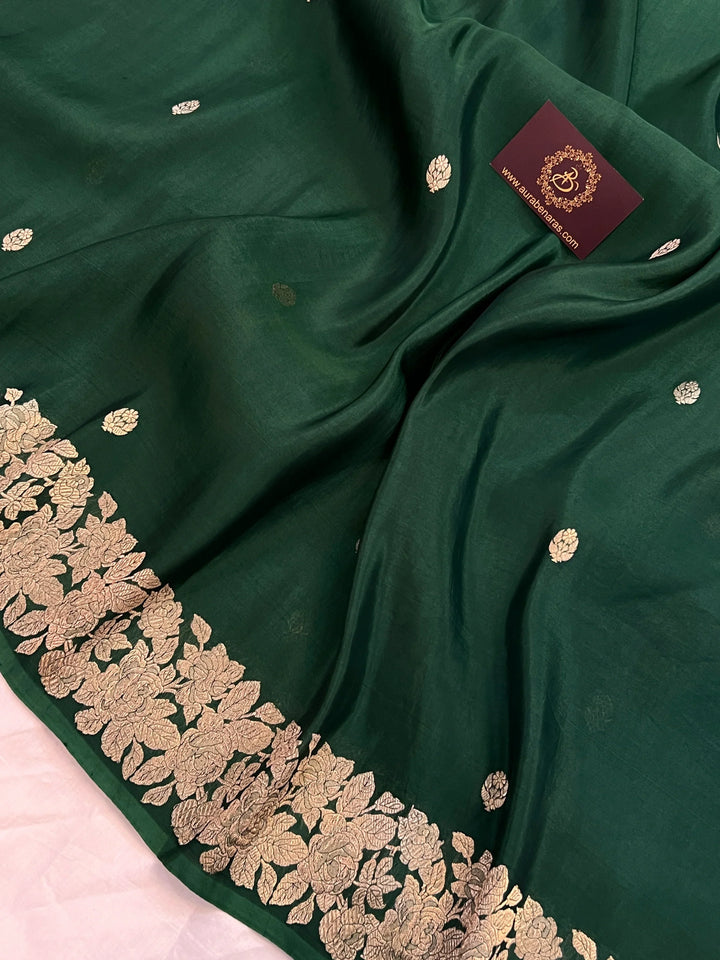 Bottle Green Banarasi Handloom Kora Katan Silk Saree