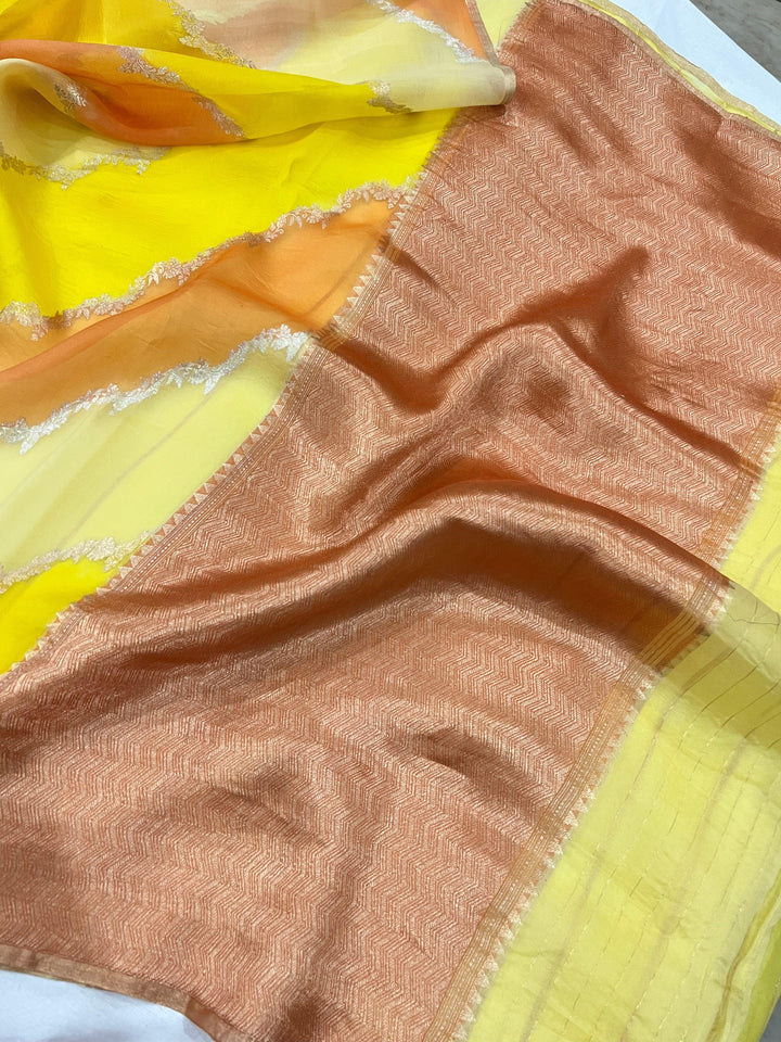 Yellow Banarasi Handloom Kora Silk Saree - Aura Benaras